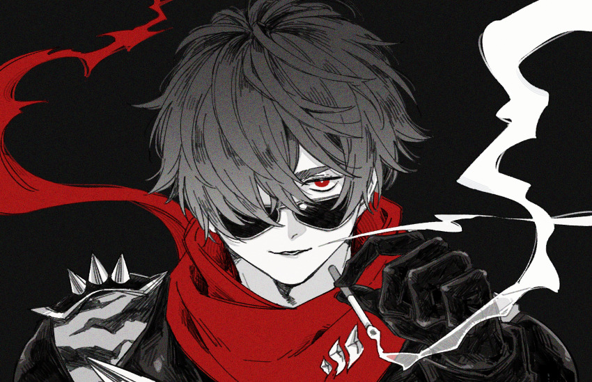 1boy, animal_print, arm_up, black_background, cigarette, commentary_request, dakenisdog, gloves