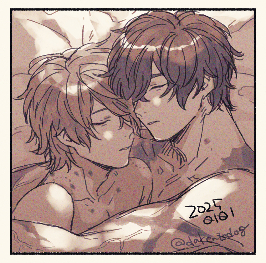 2boys, adam's_apple, bed, border, closed_eyes, collarbone, commentary_request, dakenisdog, greyscale, hickey, highres, lighter_(zenless_zone_zero), lying, male_focus, monochrome, multiple_boys, nude, on_side, parted_bangs, parted_lips, pillow, scar, scar_on_arm, short_hair, sleeping, white_border, wise_(zenless_zone_zero), yaoi, zenless_zone_zero