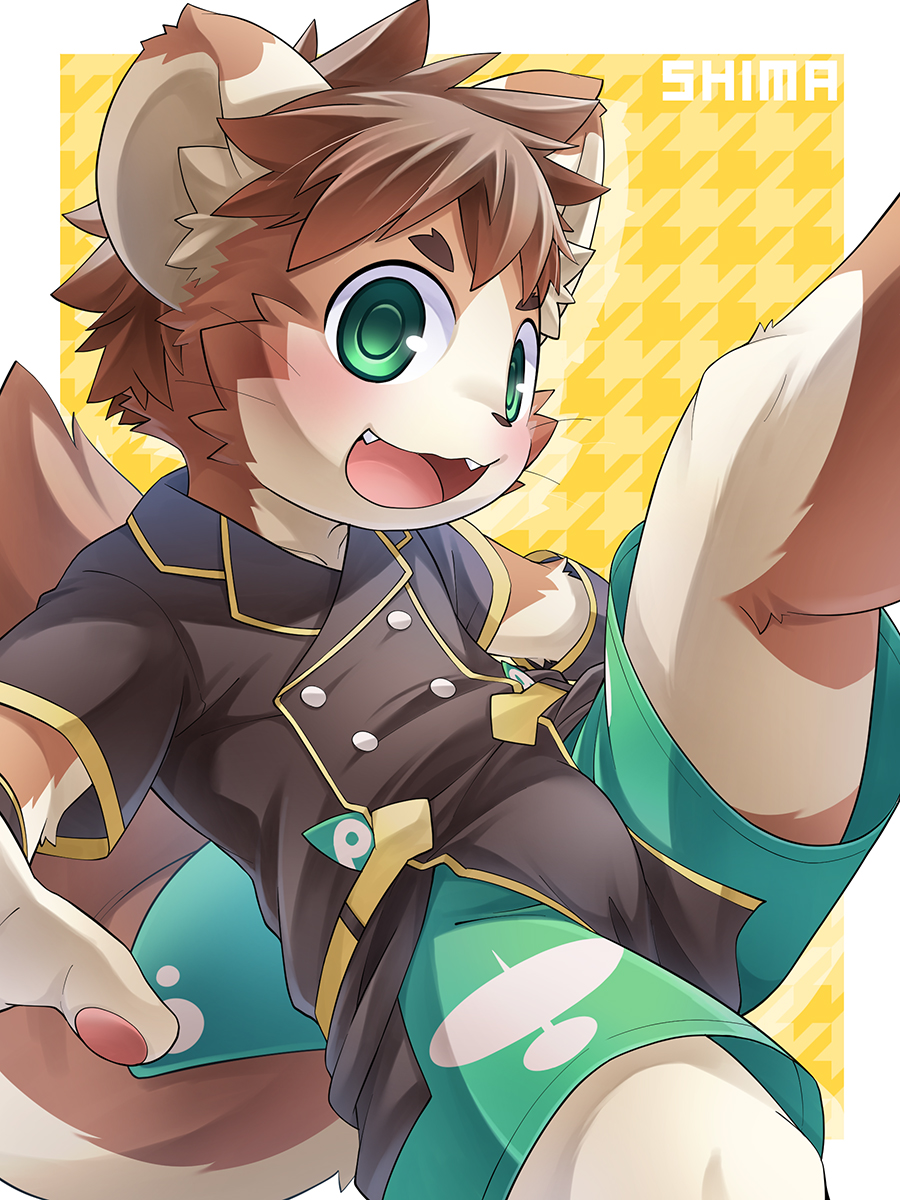 1boy, animal_ears, black_shirt, character_name, commentary_request, fangs, furry, furry_male