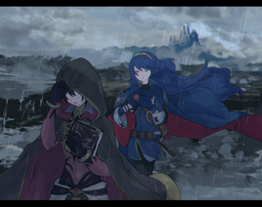 1boy, 1girl, belt, black_gloves, black_hair, black_robe, blue_cape, blue_dress