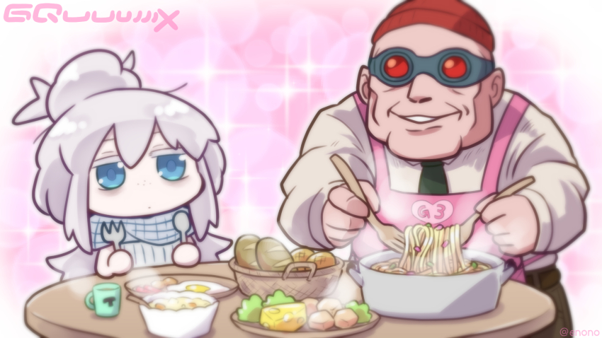 1boy, 1girl, bask_om, beanie, bread, colored_eyelashes, commentary_request, copyright_name