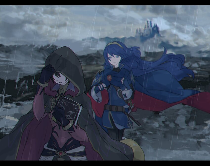 1boy, 1girl, belt, black_gloves, black_hair, black_robe, blue_cape, blue_dress