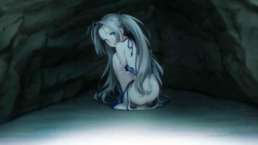 1girl, ahoge, antenna_hair, ass, bikini, bikini_skirt, blue_eyes, blue_theme