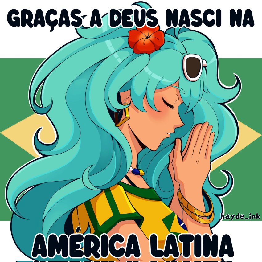 1girl, aqua_hair, bracelet, brazilian_flag, brazilian_flag_print, brazilian_miku, closed_eyes, corrupted_twitter_file, dark-skinned_female, dark_skin, eyewear_on_head, flag_background, flag_print, flower, from_side, hair_flower, hair_ornament, hands_up, hatsune_miku, hayde_ink, highres, jewelry, long_hair, own_hands_clasped, own_hands_together, parted_lips, portuguese_text, praying, profile, rectangular_earrings, red_flower, shirt, short_sleeves, solo, sunglasses, twintails, twitter_username, upper_body, vocaloid, white-framed_eyewear, yellow_shirt