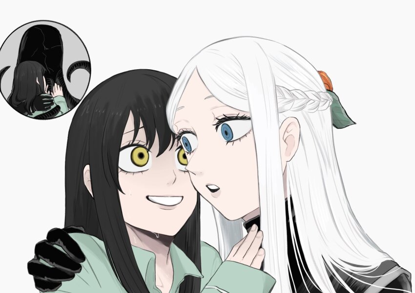 2girls, black_hair, blue_eyes, breasts, commentary_request, couple, highres, ichijou_michiru, long_hair, long_sleeves, me-gu2, mieruko-chan, multiple_girls, open_mouth, shirt, simple_background, standing, tentacles, white_hair, yellow_eyes, yuri