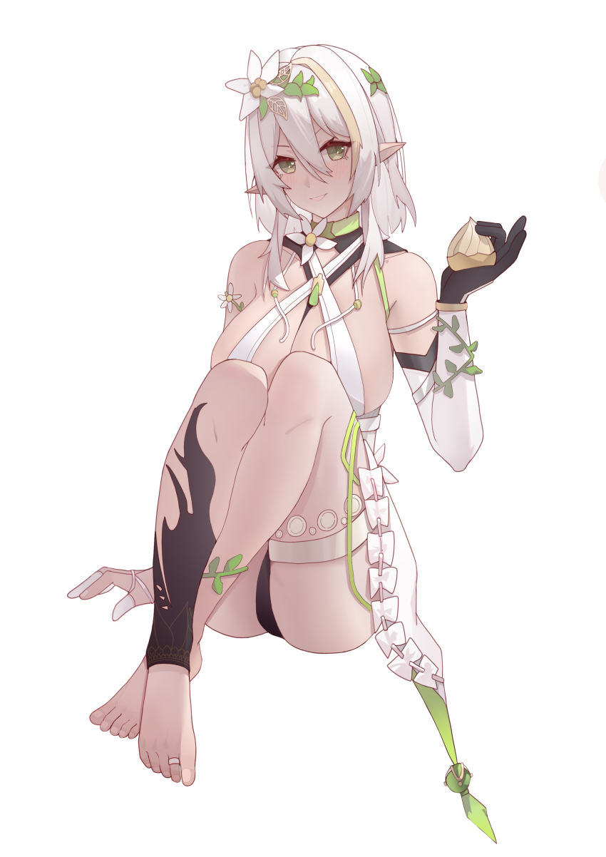 1girl, absurdres, arm_strap, arm_up, bare_shoulders, barefoot, black_gloves, breasts, brown_hair, cleavage, cleavage_cutout, clothing_cutout, crossed_legs, dark-skinned_female, dark_skin, dress, elbow_gloves, elf, eouhs, flower, full_body, gloves, green_eyes, hair_between_eyes, hair_flower, hair_intakes, hair_ornament, halterneck, highres, jewelry, knees_up, large_breasts, leaf_hair_ornament, legs_together, multicolored_hair, nita_(snowbreak), nita_-_pulse_(sylvan_spirit), official_alternate_costume, official_alternate_hairstyle, panties, pantyshot, pointy_ears, short_hair_with_long_locks, sidelocks, single_glove, sitting, sleeveless, snowbreak:_containment_zone, solo, streaked_hair, thigh_strap, thighs, toe_ring, toes, underwear, white_background, white_dress, white_flower, white_gloves, white_hair