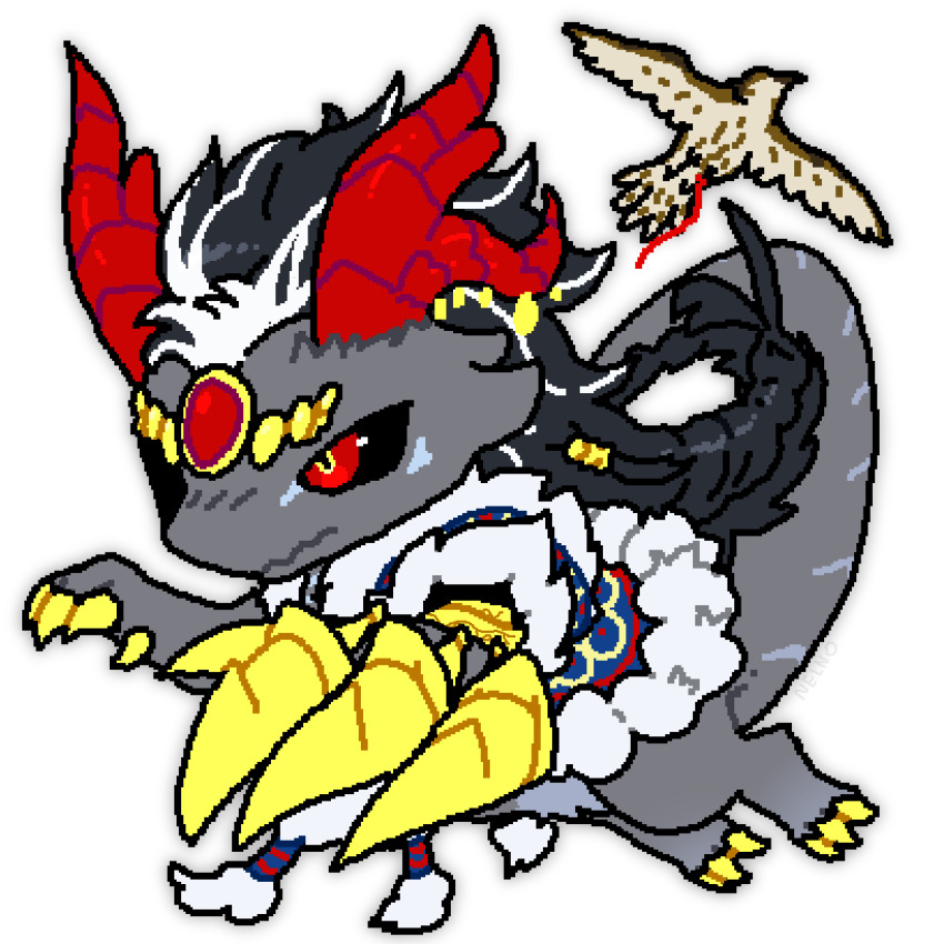 animal, bird, black_hair, black_sclera, blue_coat, braid, chibi, coat, colored_sclera, dragon, dragon_village_(series), dragon_village_collection, falconry, fur-trimmed_coat, fur_trim, gem, head_chain, highres, horn_ornament, horns, jaggy_lines, jewelry, long_hair, moonnelno, no_humans, red_eyes, red_gem, simple_background, vaska_(dragon_village), vaska_(lord_of_grassland)_(dragon_village), white_background