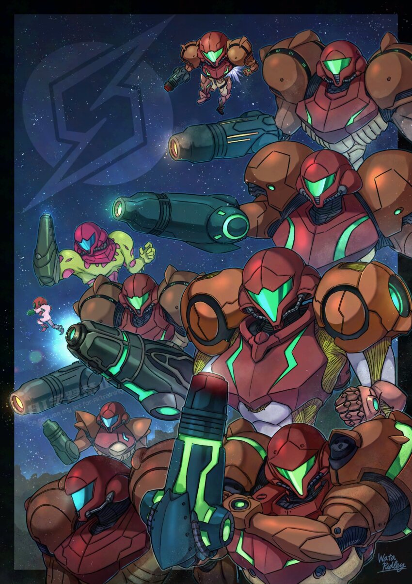 6+girls, arm_cannon, armor, artist_name, assault_visor, blue_visor, cannon, commentary, directed-energy_weapon, energy, energy_cannon, energy_weapon, english_text, full_armor, fusion_suit, glowing, glowing_weapon, green_visor, helmet, highres, metroid, metroid:_other_m, metroid:_samus_returns, metroid:_zero_mission, metroid_(classic), metroid_2:_return_of_samus, metroid_dread, metroid_fusion, metroid_prime, metroid_prime:_federation_force, metroid_prime_1, metroid_prime_2:_echoes, mixed-language_text, multiple_girls, neon_trim, nintendo, normal_suit_(metroid), power_armor, power_suit_(metroid), samus_aran, science_fiction, screw_attack_(metroid), shoulder_pads, varia_suit, wakaba_(wata_ridley), watermark, weapon