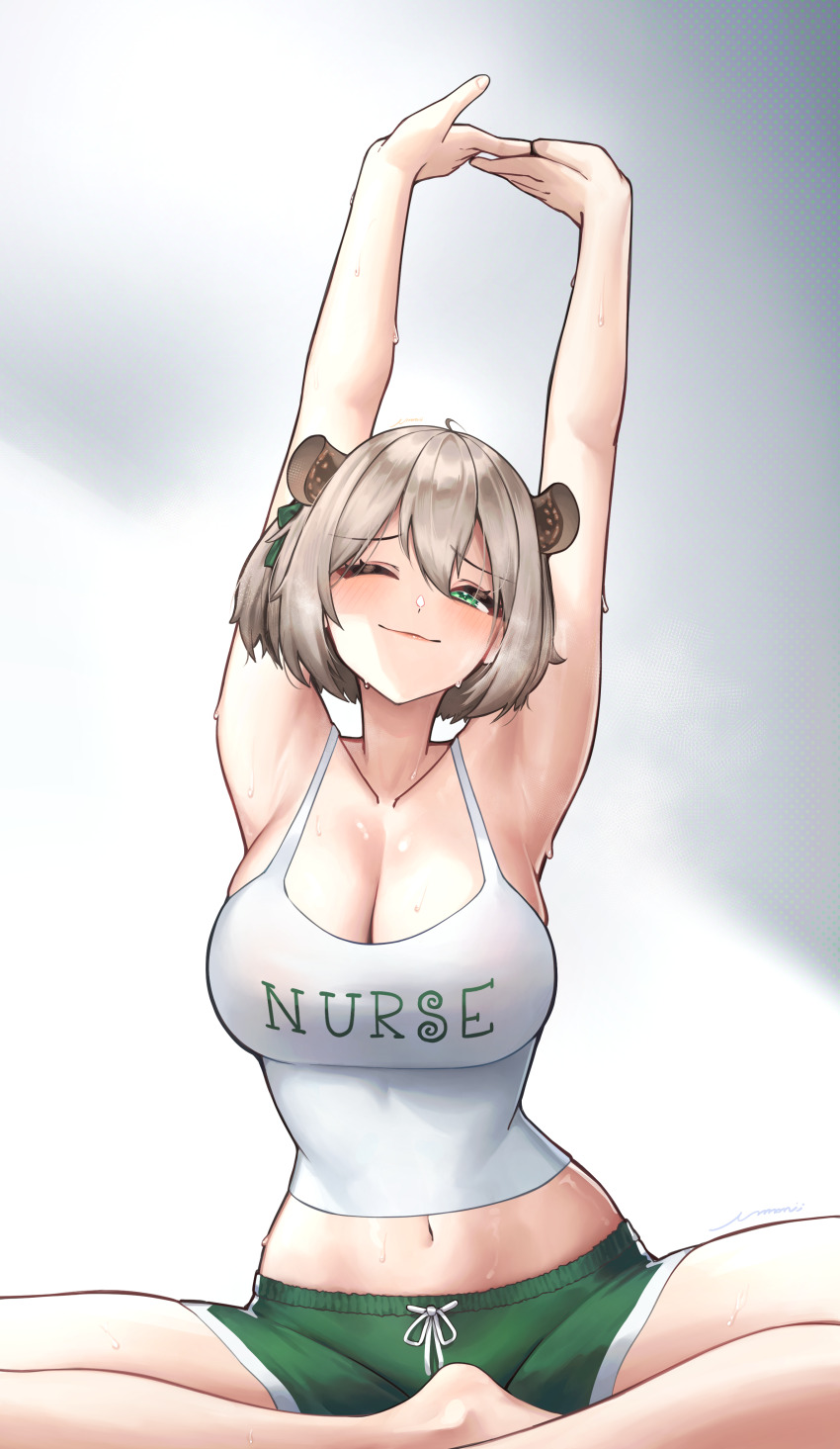 1girl, absurdres, alternate_costume, animal_ears, armpits, arms_up, bare_arms, bare_shoulders