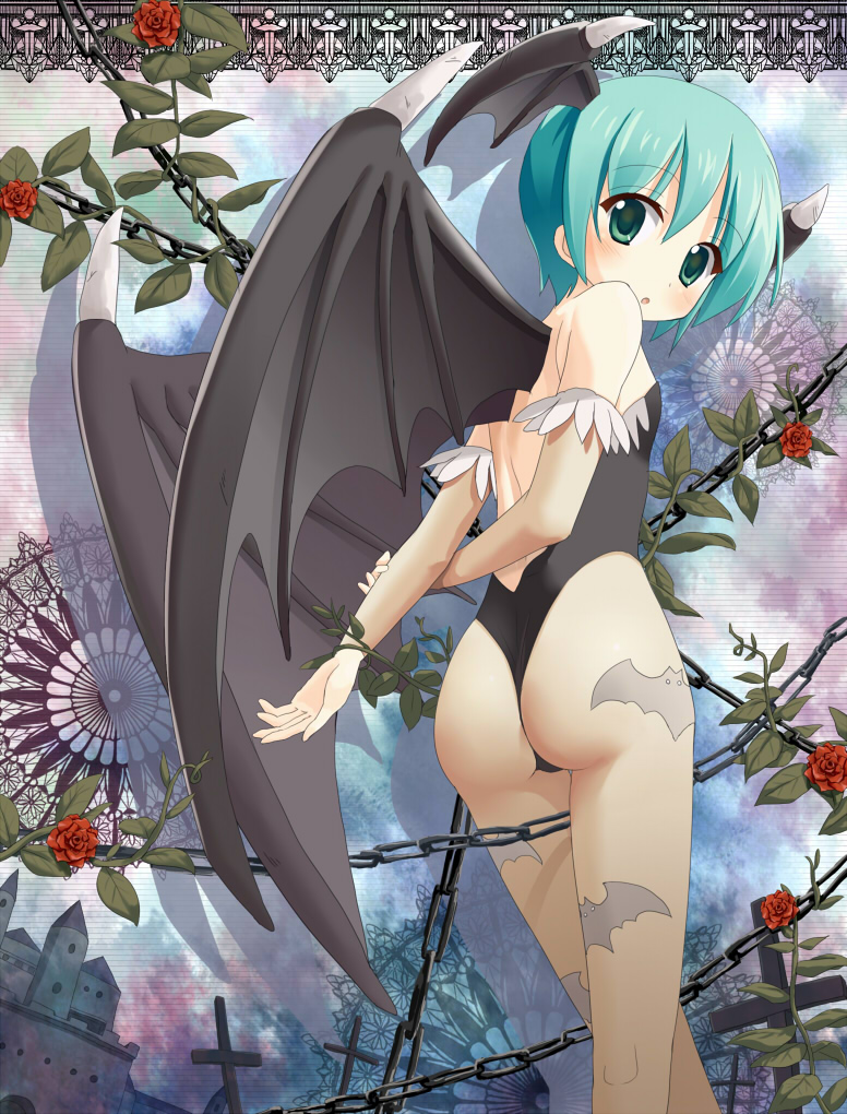1girl, alternate_color, animal_print, arms_behind_back, ass, bad_id, bad_pixiv_id, bare_shoulders, bat_print, bat_wings, blush, capcom, chain, darkstalkers, demon_girl, detached_sleeves, elbow_gloves, female_focus, francis_de_lariatte, gloves, green_eyes, green_hair, head_wings, hand_on_own_arm, leotard, lilith_(darkstalkers), looking_back, matching_hair/eyes, pantyhose, print_pantyhose, short_hair, solo, thong_leotard, wings