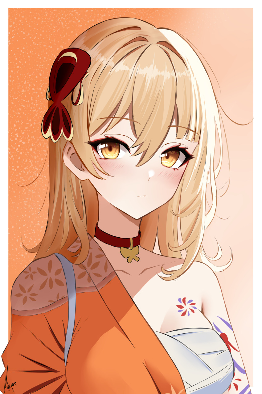 1girl, absurdres, abysssian, alternate_hairstyle, arm_tattoo, bandages, blonde_hair, blush, border, breasts, chest_sarashi, chest_tattoo, choker, collarbone, genshin_impact, hair_down, hair_intakes, hair_ornament, highres, japanese_clothes, kimono, long_hair, looking_at_viewer, medium_breasts, orange_background, orange_kimono, outside_border, red_choker, sarashi, single_bare_shoulder, solo, tattoo, upper_body, white_border, yellow_eyes, yoimiya_(genshin_impact)