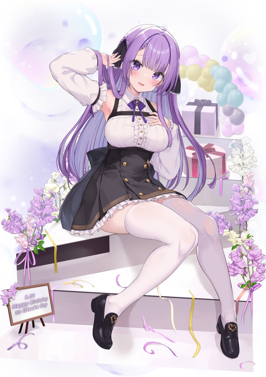 1girl, absurdres, arm_up, armpits, black_ribbon, black_shoes, black_skirt, blunt_bangs