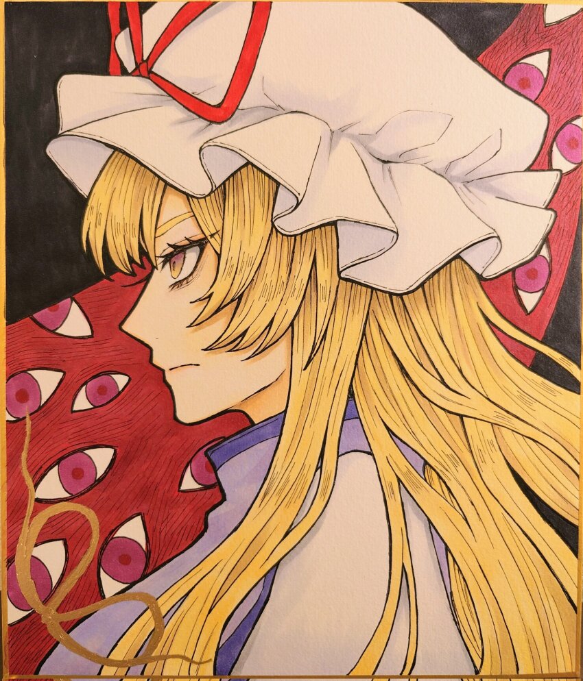 1girl, blonde_hair, bow, breasts, dress, extra_eyes, frilled_hat, frills