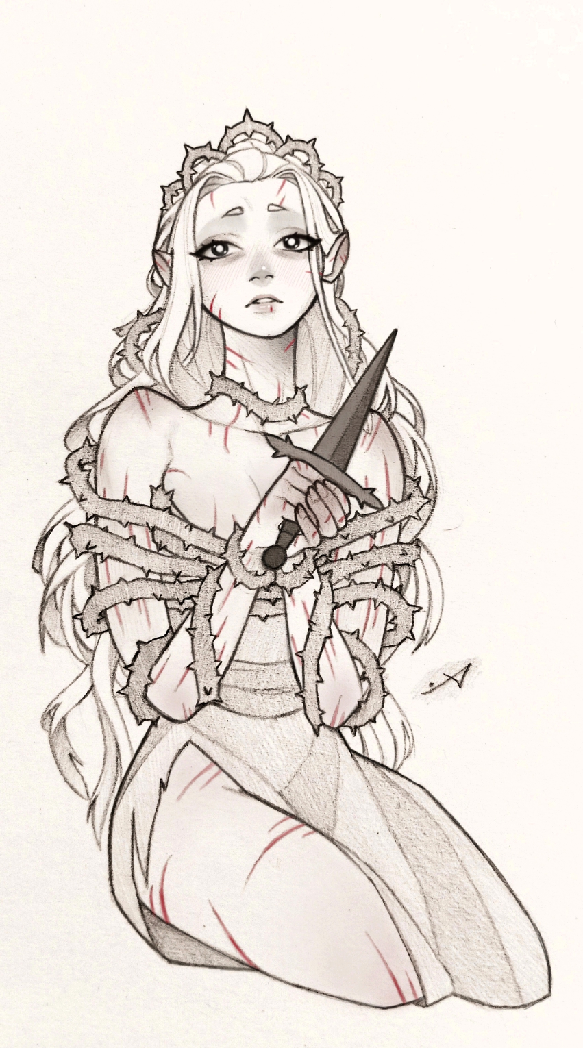 1girl, bare_shoulders, bleeding, blood, blush, breasts, cleavage, commentary