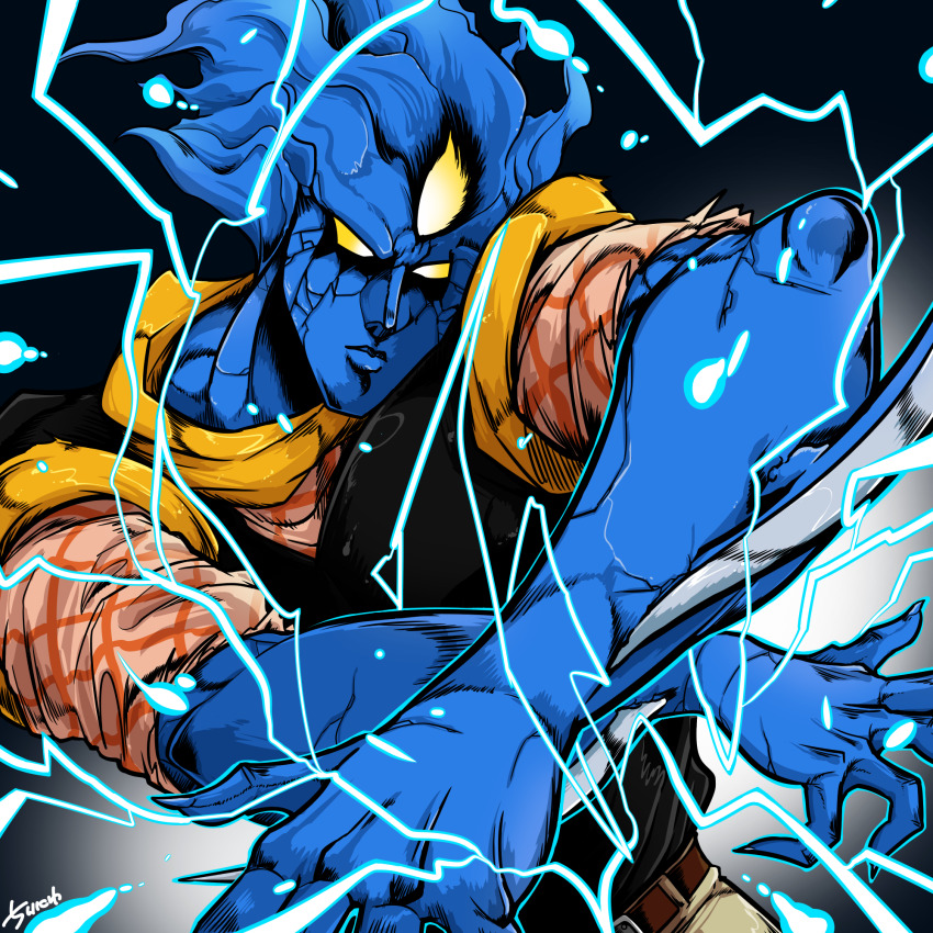 1boy, arm_blade, artist_name, baoh, baoh_raihousha, belt, black_vest, blue_skin