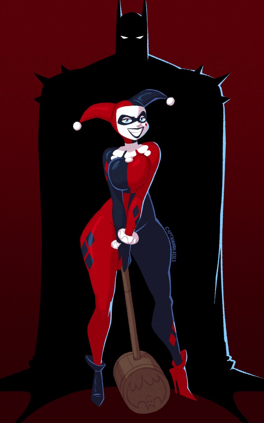 1boy, 1girl, absolute_batman, absolute_dc, absurdres, batman, batman_(series), bodysuit, captainmolasses, dc_comics, domino_mask, eye_mask, hammer, harley_quinn, harley_quinn_(classic), highres, holding, holding_hammer, jester, jester_costume, makeup, mask, multicolored_bodysuit, red_lips, superhero_costume, tall_male, two-tone_bodysuit, white_facepaint