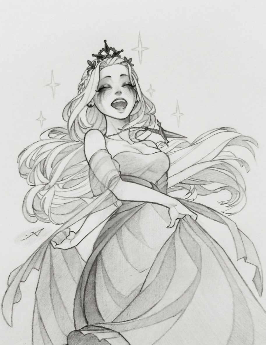 1girl, bare_shoulders, breasts, cleavage, closed_eyes, commentary, dancing, dress