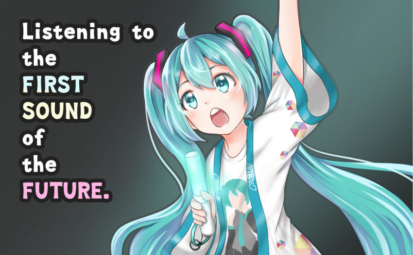 1girl, ahoge, amd_aoneko, arm_up, blue_eyes, blue_hair, character_print, commentary