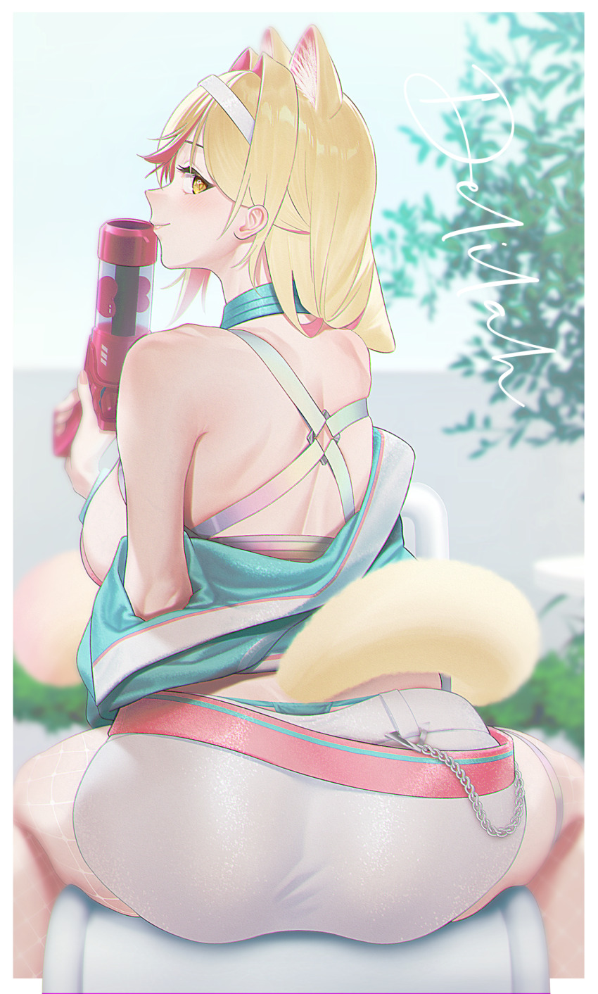 1girl, animal_ears, ass, back, bare_shoulders, belt, blonde_hair, blush