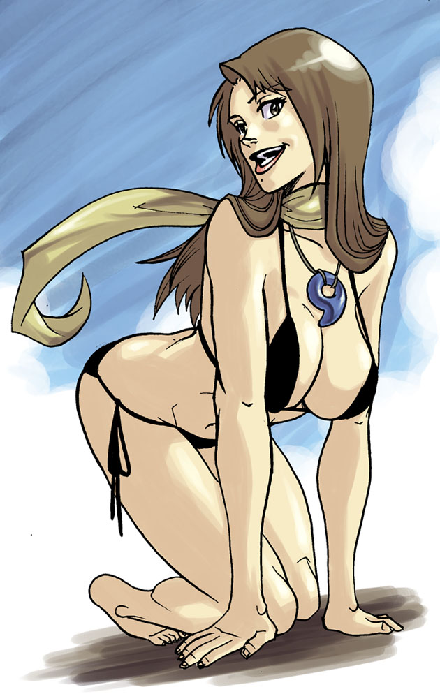 ace_attorney, bikini, black_bikini, breasts, brown_eyes, brown_hair, eisues, large_breasts, magatama, mia_fey, mole, scarf, swimsuit, yellow_scarf
