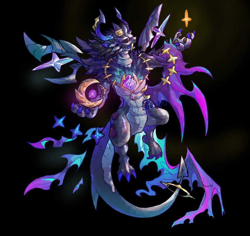 1other, black_background, black_sclera, character_request, colored_sclera, commentary_request, dragon, dragon_village_(series), dragon_village_collection, full_body, furry, gem, highres, looking_to_the_side, multicolored_eyes, orange_eyes, orb, purple_eyes, purple_gem, simple_background, tok10n0