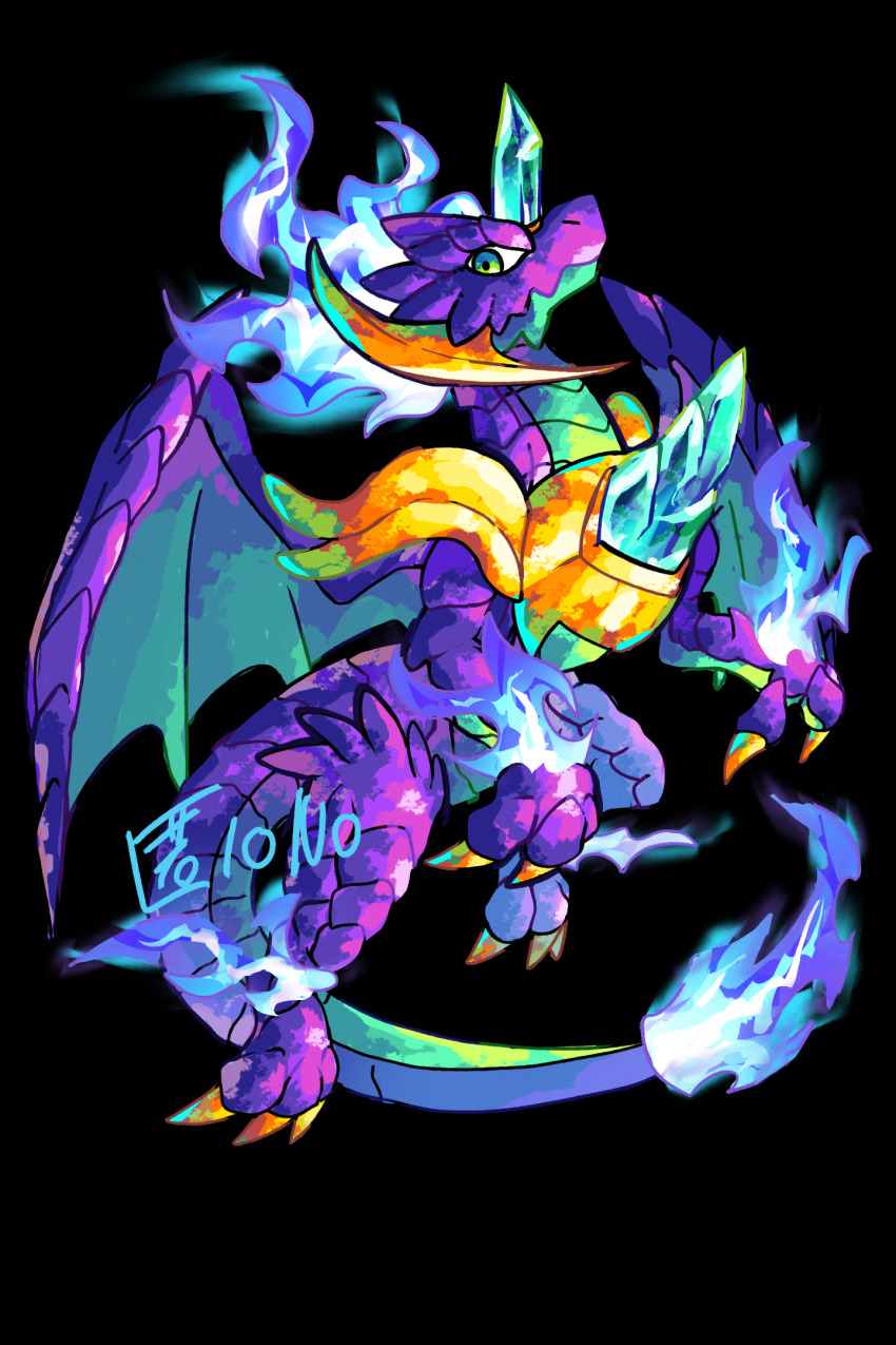 black_background, blue_fire, character_request, dragon, dragon_village_(series), dragon_village_collection, fire, flame-tipped_tail