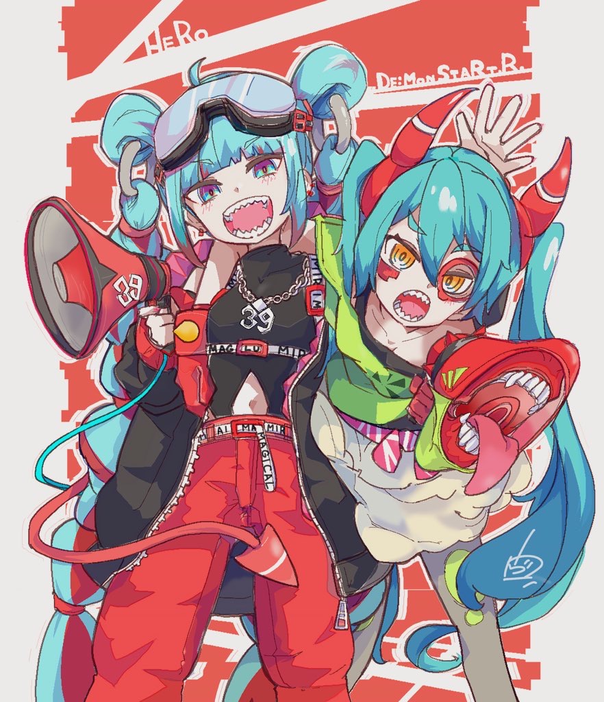 2girls, 39, ahoge, aqua_eyes, aqua_hair, arm_around_shoulder, belt, black_jacket