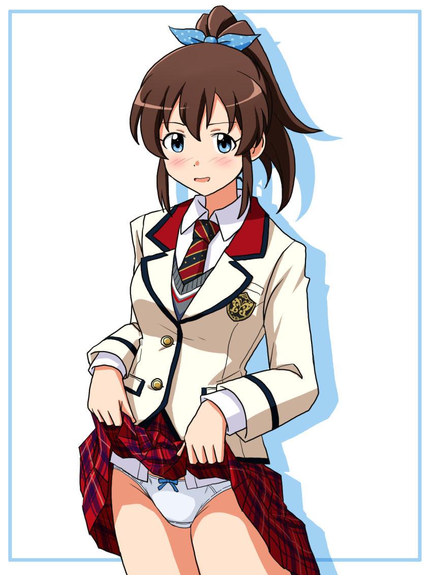 1girl, blazer, blue_border, blue_eyes, blue_ribbon, blush, border, bow