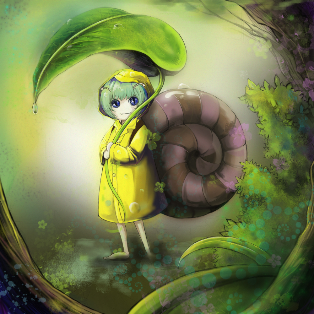 00s, amefurikozoo, antennae, blue_eyes, green_hair, karas, kong_ya, leaf, monster_boy, no_humans, no_nose, raincoat, snail, solo, traditional_youkai, yellow_raincoat