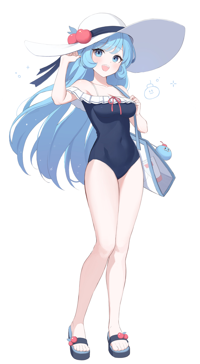 1girl, bag, blue_eyes, blue_hair, blue_one-piece_swimsuit, bow, cookie_run, cookie_run:_ovenbreak