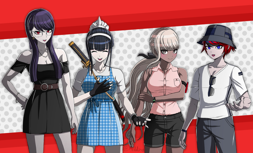 1boy, 3girls, alternate_costume, black_dress, black_hair, blonde_hair, blue_dress, blue_eyes