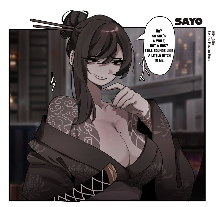 1girl, black_kimono, border, breasts, cloud_tattoo, english_text, hair_ornament, hair_stick