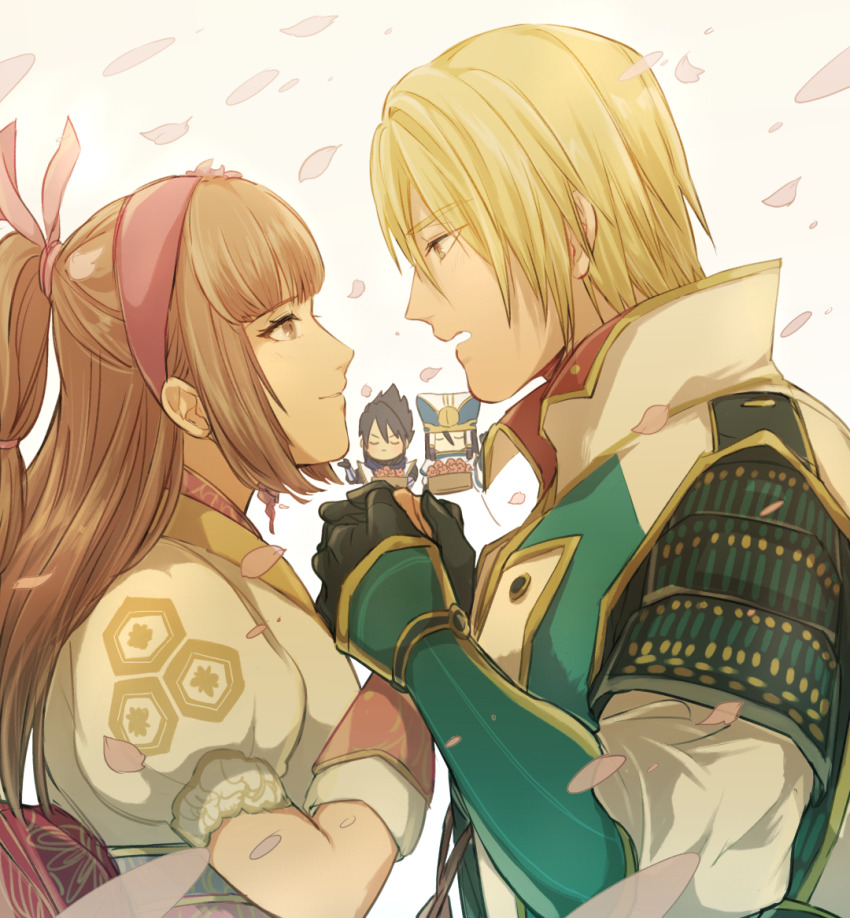 armor, azai_nagamasa_(sengoku_musou), blonde_hair, brown_eyes, brown_hair, hair_ribbon, holding_hands, husband_and_wife
