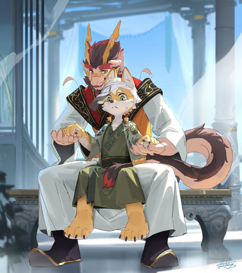 2boys, absurdres, animal_ears, artist_name, artist_self-insert, barefoot, bench, chinese_clothes
