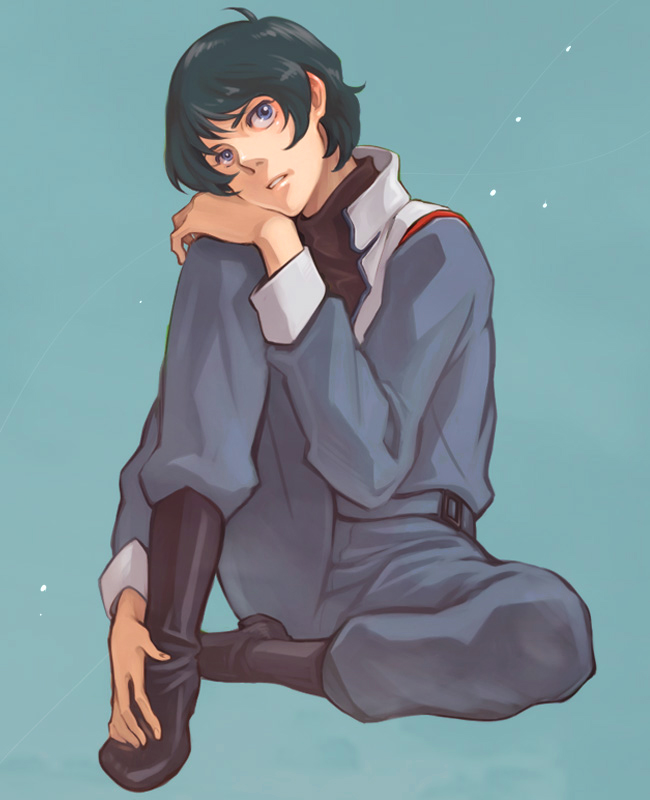 1boy, blue_eyes, blue_hair, boots, full_body, gundam, kamille_bidan, male_focus