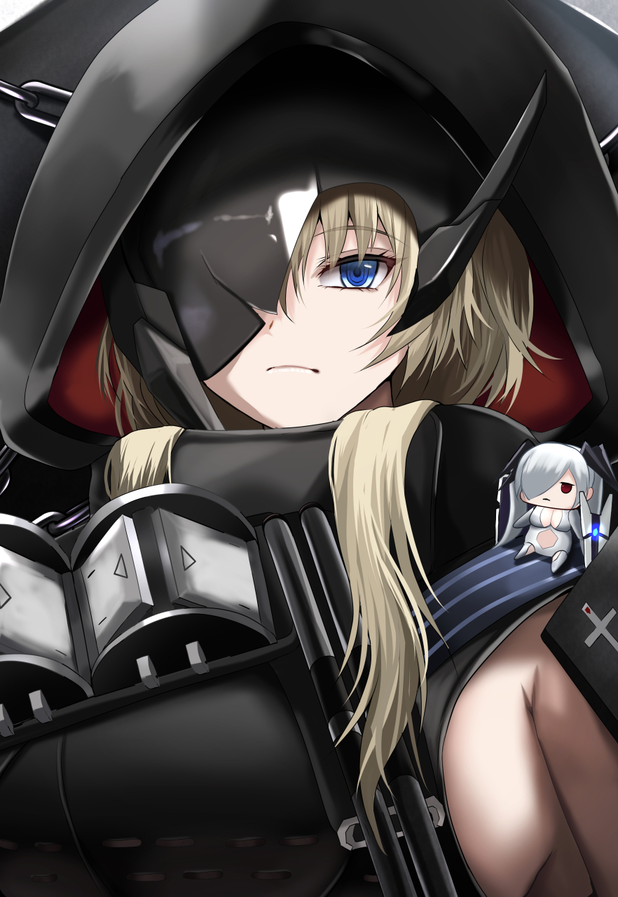 1girl, armpit_crease, black_cloak, black_shirt, blonde_hair, blue_eyes, breasts, broken_mask