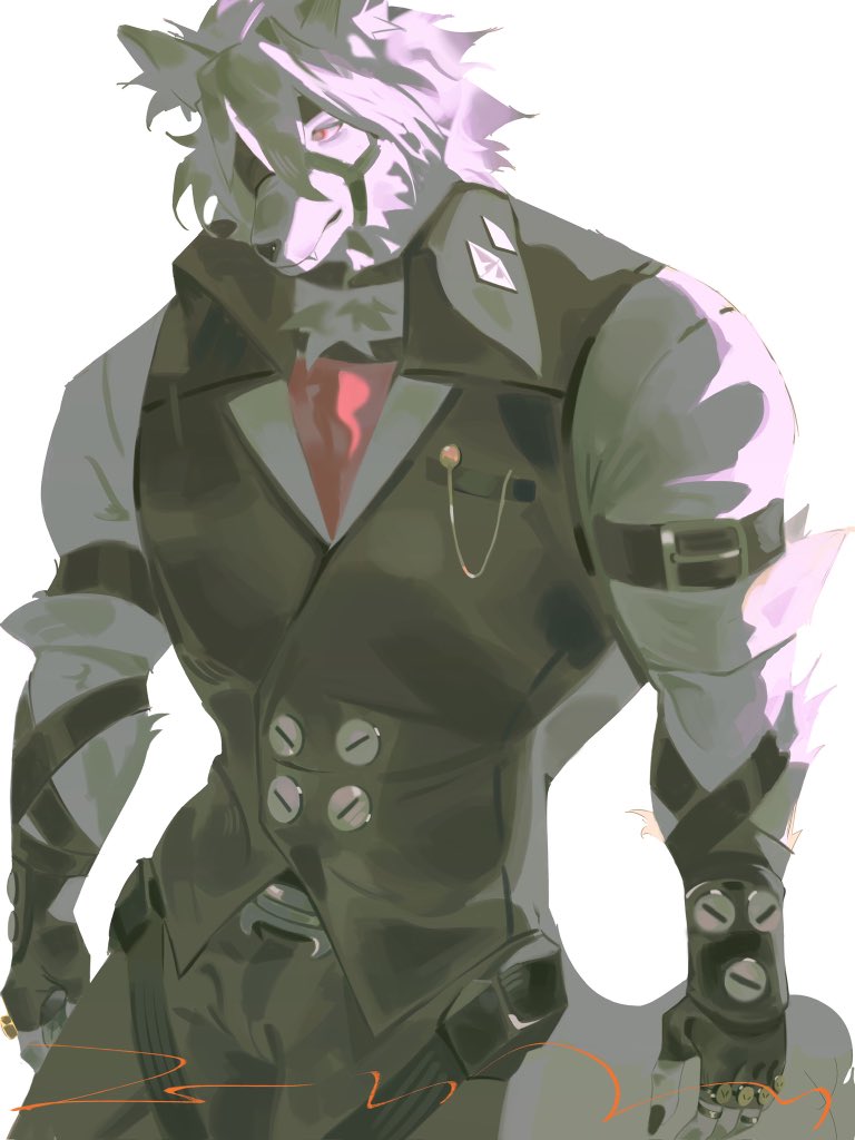 1boy, animal_ears, ascot, black_gloves, claws, closed_mouth, erji, eyepatch, fang, fang_out, fingerless_gloves, furry, furry_male, gloves, grey_pants, grey_vest, hashtag-only_commentary, male_focus, pants, red_ascot, red_eyes, tail, vest, von_lycaon, white_background, wolf_boy, wolf_ears, wolf_tail, zenless_zone_zero