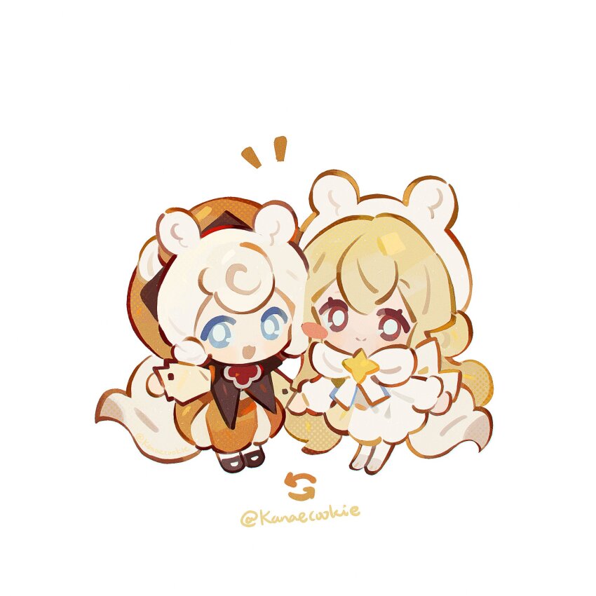2girls, animal_ears, animal_hat, blonde_hair, blue_eyes, brooch, brown_eyes, bubble_skirt, caramel_choux_cookie, chibi, chibi_only, cookie_run, cookie_run:_ovenbreak, cosplay, costume_switch, cream_ferret_cookie, dress, ferret_ears, ferret_girl, food-themed_hat, hat, highres, jewelry, kanae_(cookie), multiple_girls, skirt, tail, white_dress
