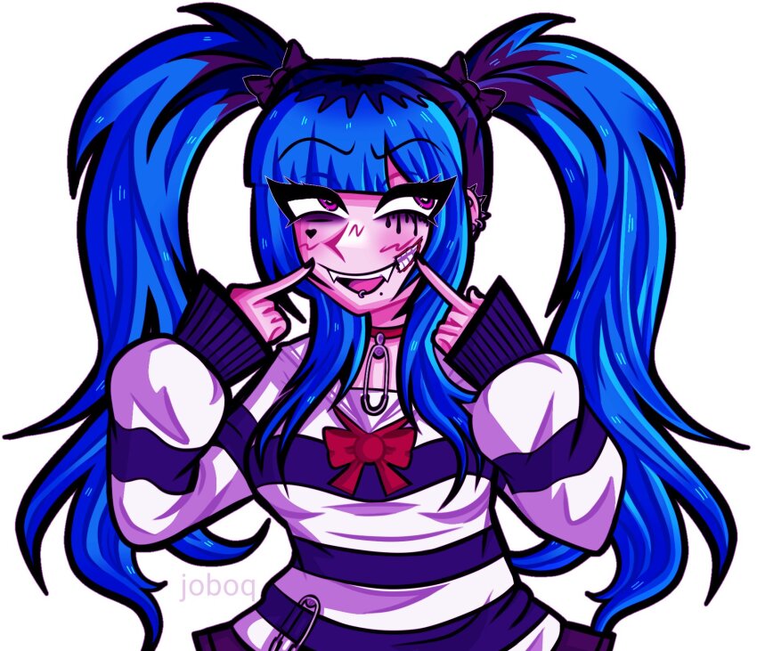 1girl, amemiya_darumi, black_nails, bow, collar, face_piercing, fangs, female_focus