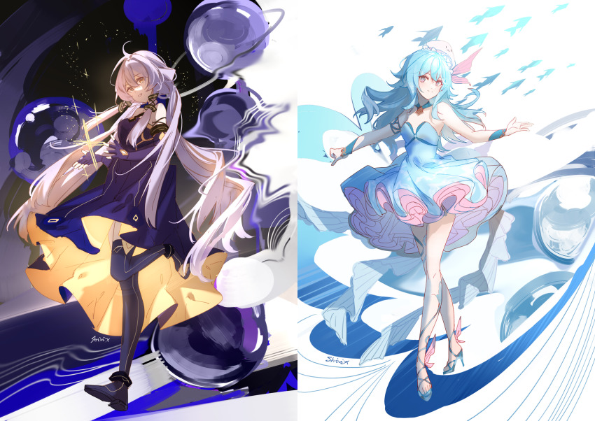 2girls, ahoge, aqua_hair, artist_name, blue_dress, blue_eyes, dress, full_body