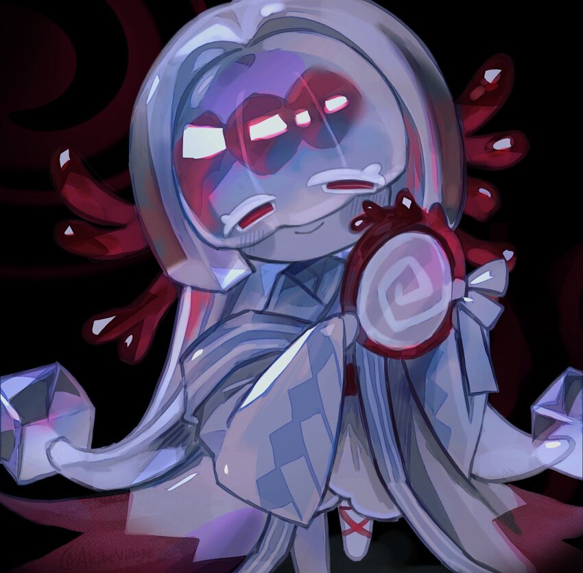 1girl, agar_agar_cookie, akibevillage, black_dress, colored_skin, cookie_run, cookie_run:_kingdom, coral_hair_ornament