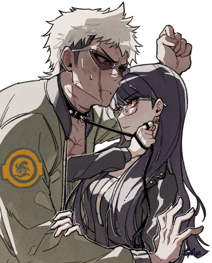 1boy, 1girl, black_hair, blonde_hair, collar, facial_scar, femdom, fingernails, frown, het, leash, long_hair, multicolored_hair, purple_hair, red_eyes, scar, scar_on_cheek, scar_on_chest, scar_on_face, scared, shizuhara_hiruko, simple_background, the_hundred_line_-last_defense_academy-, white_background, yakushiji_takemaru