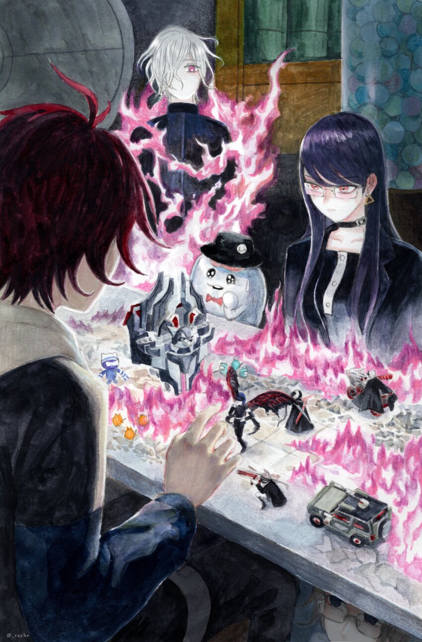 absurdres, ahoge, aotsuki_eito, earrings, fire, glasses, highres, jewelry