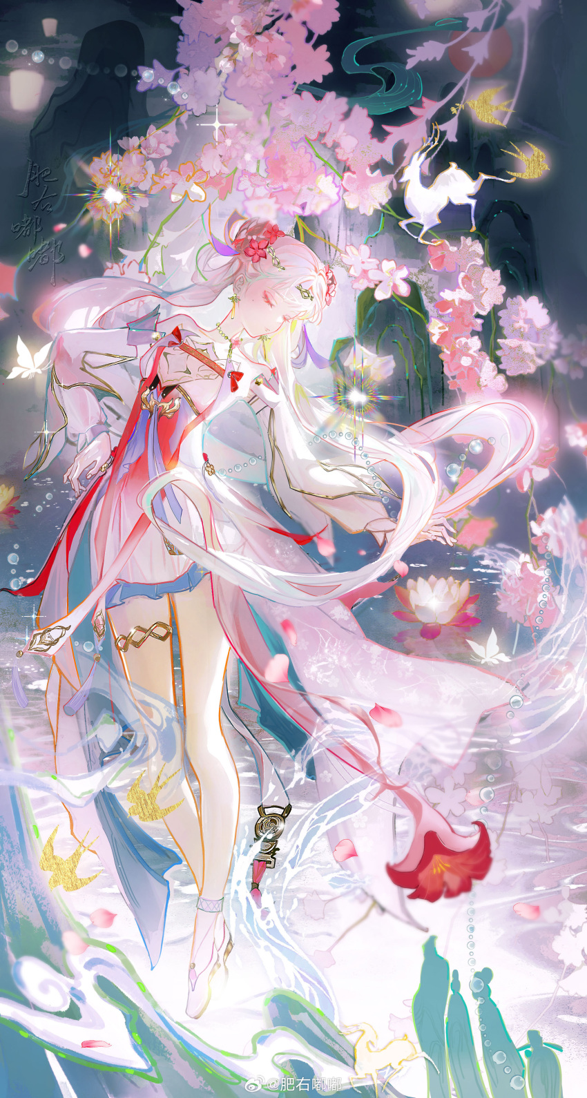 1girl, absurdres, bare_legs, bubble, bug, butterfly, cherry_blossoms, chinese_clothes, chinese_commentary, choker, circlet, closed_eyes, closed_mouth, colored_eyelashes, commentary_request, deer, dress, fei_you_dudu, flower, full_body, gold_circlet, gold_thighlet, hair_flower, hair_ornament, hair_ribbon, hanfu, highres, insect, jinhsi_(peach_blossom)_(wuthering_waves), jinhsi_(wuthering_waves), leaning_to_the_side, light_particles, long_hair, long_sleeves, lotus, night, official_alternate_costume, outdoors, petals, pink_flower, pink_hair, pink_hanfu, purple_ribbon, red_flower, ribbon, shoes, solo, sparkle, standing, thighlet, twintails, very_long_hair, water, watermark, weibo_watermark, white_shoes, white_sleeves, wuthering_waves