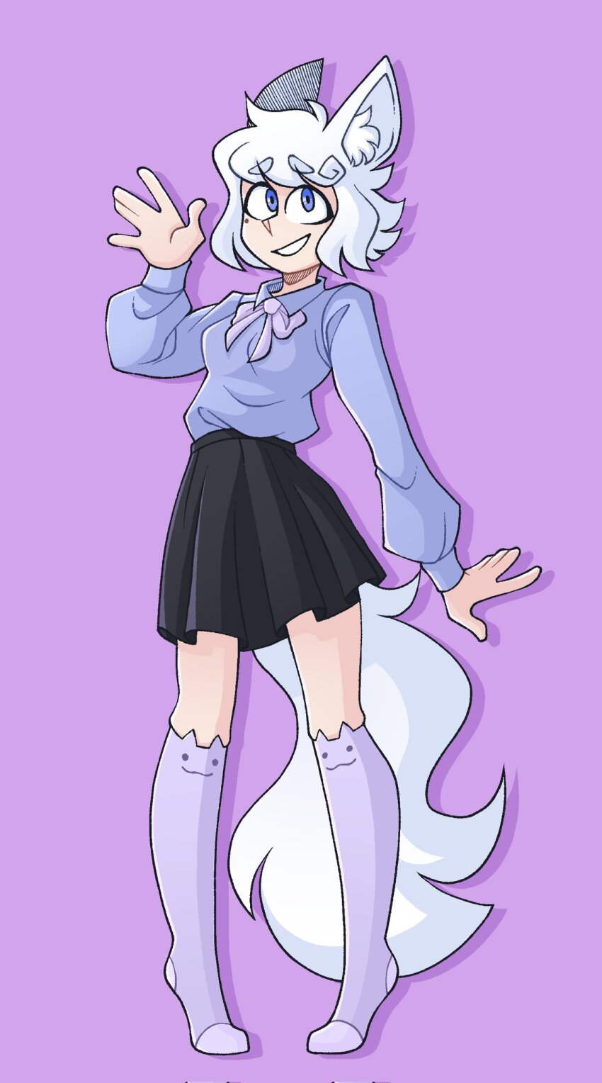 1girl, animal_ear_fluff, animal_ear_legwear, animal_ears, black_skirt, blue_eyes, blue_shirt, breasts