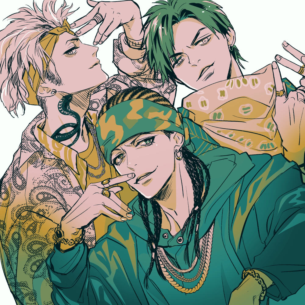 3boys, adam's_apple, bags_under_eyes, bandana, bandana_around_neck, bleached_hair, camouflage_bandana, chain