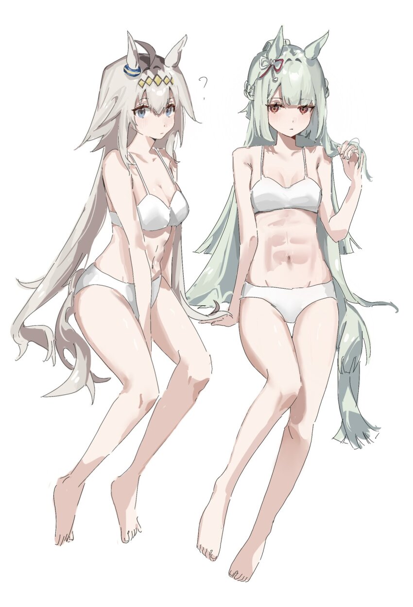 2girls, ?, abs, animal_ears, bare_legs, bare_shoulders, barefoot, blue_eyes