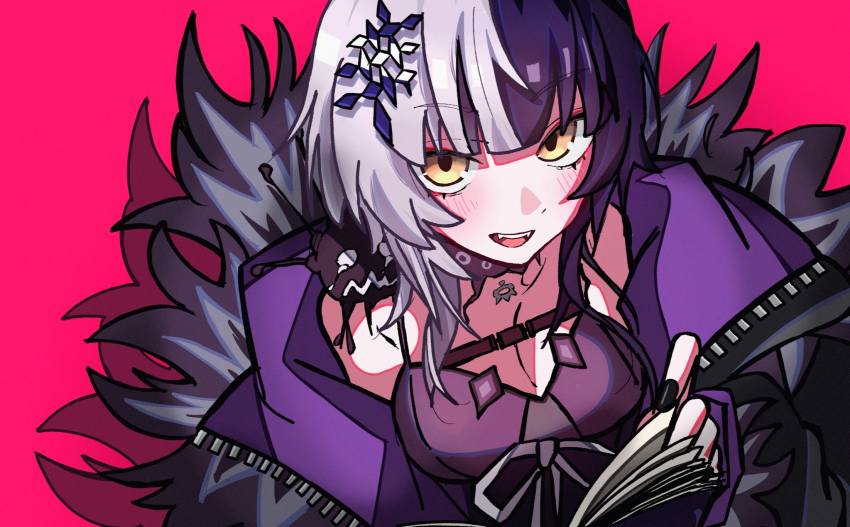 1girl, black_choker, black_coat, black_dress, black_hair, black_nails, breasts, choker