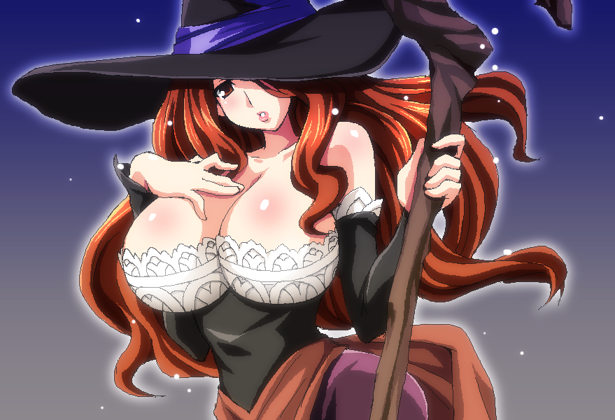 1girl, bare_shoulders, breasts, brown_eyes, brown_hair, chirorian, cleavage, detached_sleeves, dragon's_crown, dress, female_focus, gradient_background, hat, hat_over_one_eye, large_breasts, long_hair, oekaki, one_eye_covered, solo, sorceress_(dragon's_crown), staff, strapless, strapless_dress, vanillaware, witch_hat