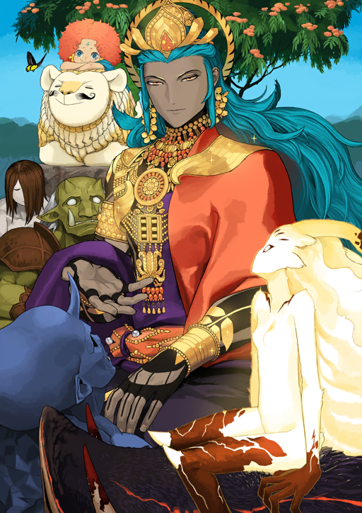 1boy, ashoka_(fate), ashoka_(third_ascension)_(fate), asian_indian_clothes, blue_hair, blue_sky, closed_mouth, clothing_request, creature, dark-skinned_male, dark_skin, day, demon_boar_(fate), earrings, fate/grand_order, fate_(series), furumi_showichi, game_cg, gold_earrings, hair_slicked_back, hand_on_lap, jewelry, lamia_(fate), light_smile, looking_at_viewer, male_focus, official_art, orange_eyes, sitting, sky, solo_focus, third-party_source